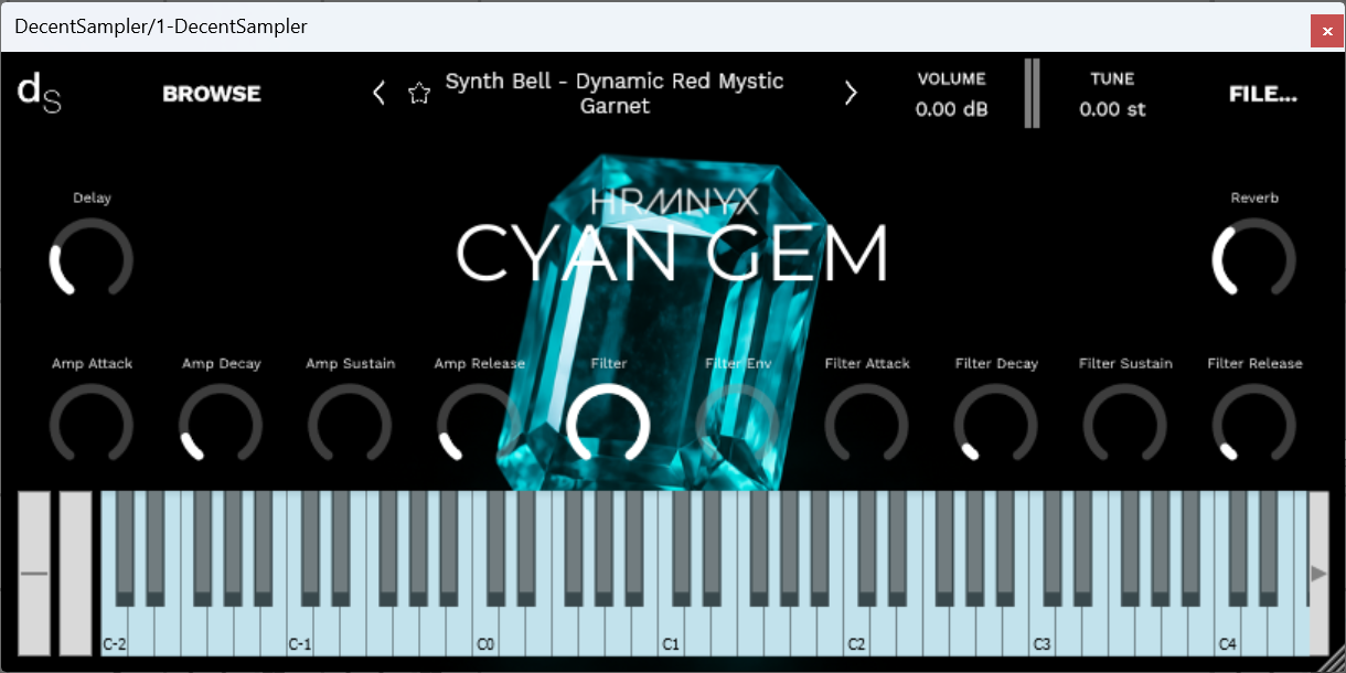 A screenshot of the Cyan Gem Sample Library instrument interface in Decent Sampler.
